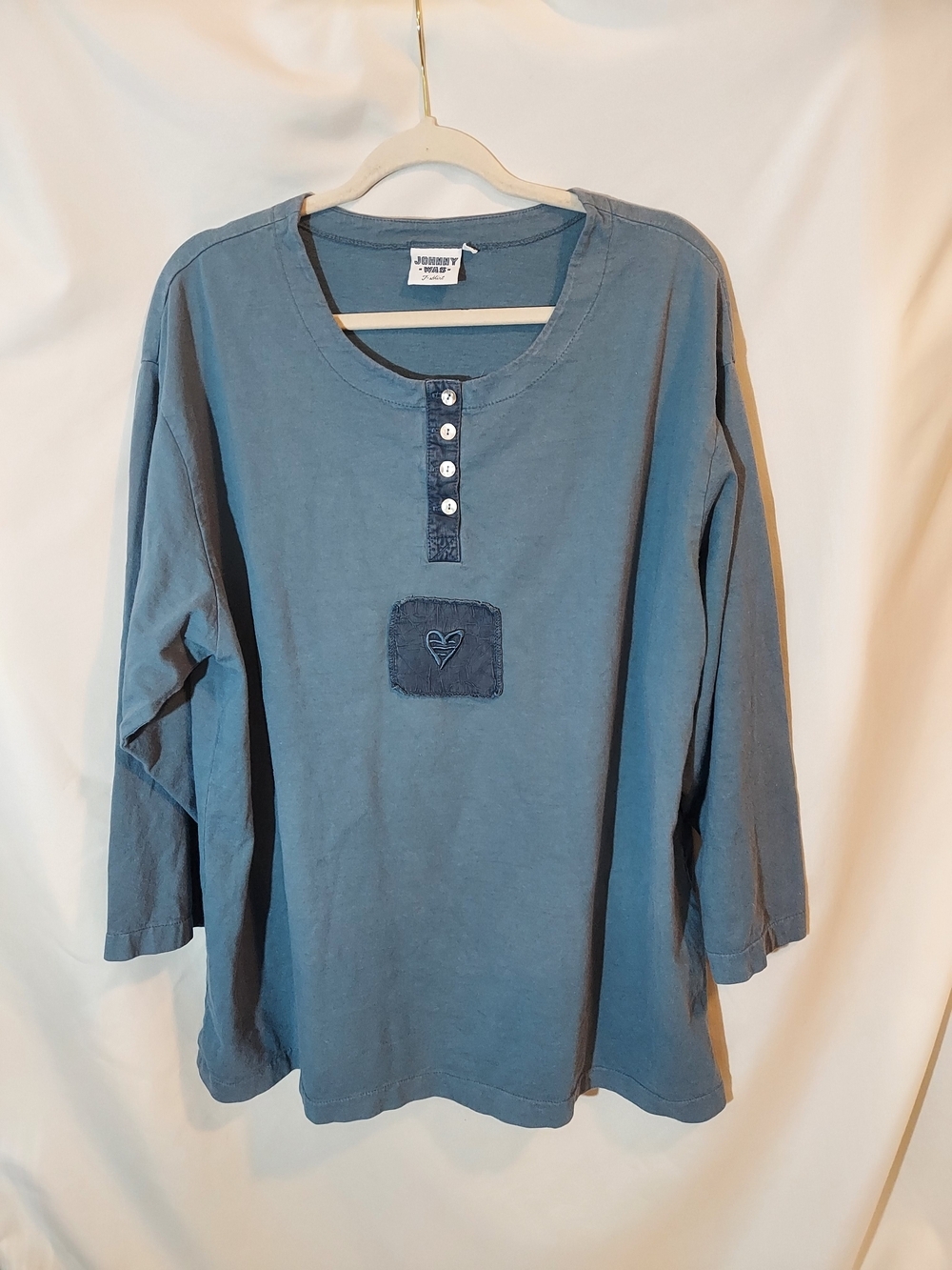 Vintage JWLA Johnny Was Slate Blue Knit Henley Boho Heart Patch Top 2XL